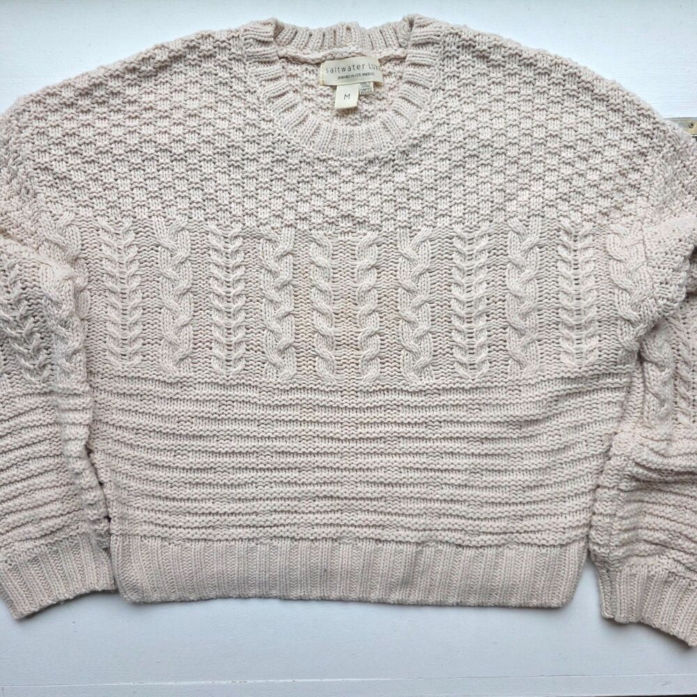 Saltwater Luxe Sweater Cable Knit Tan Boho Cropped Oversized Beach Neutral M